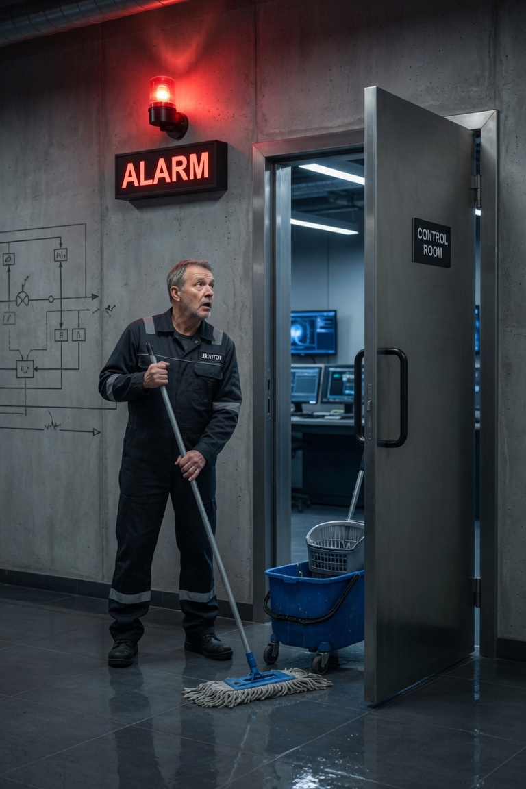 Night janitor at the control-room door as alarms sound